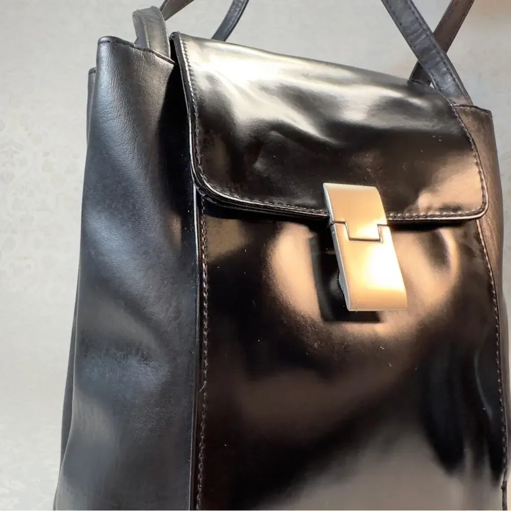 Faux Leather Sleek Black Shoulder Bag Silver Hardware